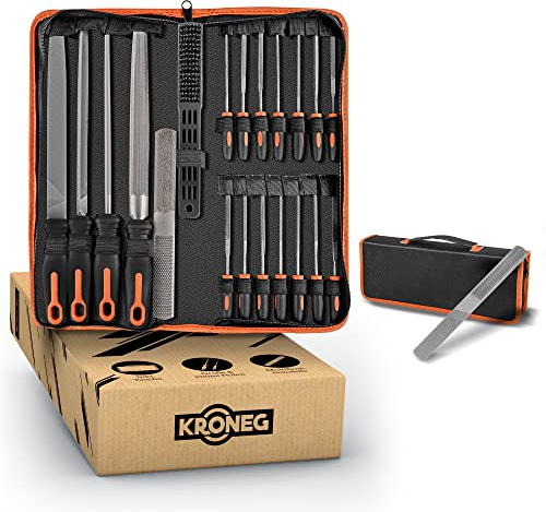 KRONEG Juego de limas – [20 piezas] Juego de limas de acero de alta calidad para madera, metal y plástico – Juego de limas con raspador cruzado – limas de llave – Incluye bolsa de transporte, cepillo