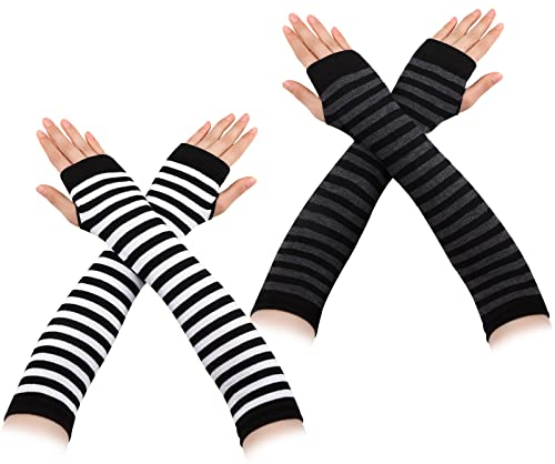 Boyiee 2 Paar Frauen Fingerlose handschuhe gestreift lang Armstulpen Damen Striped Arm Warmers Therian Stuff Für Carnaval Stricken Armwärmer Daumenloch Dehnbare Warme Handschuhe für Herbst und Winter