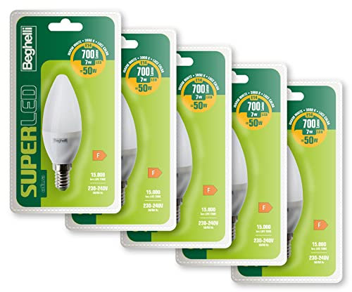 Beghelli - Lampadina LED E14 Luce Calda 7W, 700lm, 3000K, Pacchetto da 5 Lampadine SUPER Led, Efficiente, Facile da Installare, Durata 15000 Ore, Gruppo Colore: Led, Quantità: 5 pz
