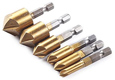 Fongmore 6 Pcs 1/4 Inch Hex Shank HSS Countersink Drill Bit Set For Wood 5 Flute Countersink 90 Degree Center Punch Tool Sets 6-8-9-12-16-19mm