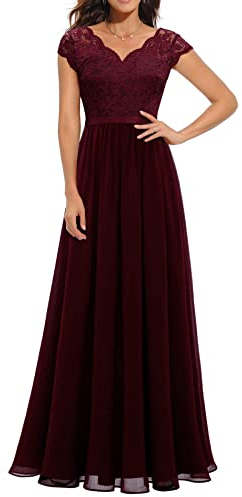 ECDAHICC Damen Elegant Spitze Rüschen Maxikleid V-Ausschnitt Kurze Ärmel Hohe Taille Brautjungfernkleid Langes Abendkleid WR2-XL