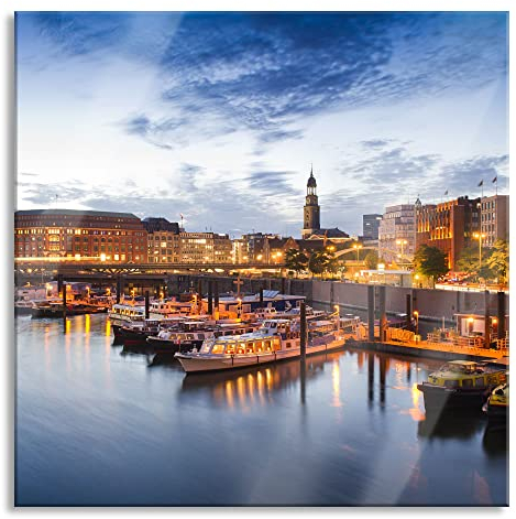 Pixxprint Glasbild, Wandbild auf Echtglas, Hamburger Hafen am Abend, 80x80 cm, inkl. Aufhängung und Abstandshalter