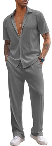 aromm Hombre 2 Piezas Trajes Casuales Manga Corta Camisa Abotonada & Drawstring Pantalón Suave Verano Traje Gris, L
