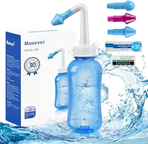 Neti Pot Sinus Flacon de rinçage nasal pour adulte et enfant Sans BPA 300 ml avec sachets de sel et thermomètre autocollant (bleu cyan)