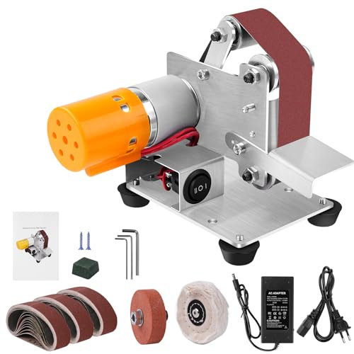 TICFOX Mini lijadora de banda con bandas de lijado, lijadora eléctrica multifuncional con 7 velocidades ajustables y 30 bandas de lijado para manualidades y afilado de cuchillos