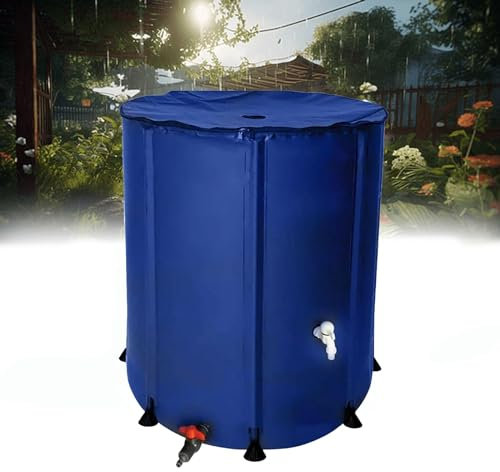 Barile di pioggia pieghevole con rubinetto e supporto, capacità 50 l, colore blu, copertura con cerniera, soluzione di stoccaggio dell'acqua da giardino all'aperto