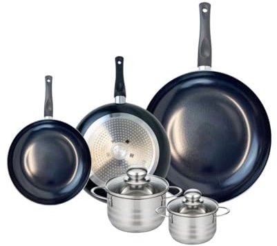 ELO 9743950 Batterie de cuisine 5 pièces, Ensemble de 3 Poêles de cuisson 20, 24 et 32 cm et 2 faitouts 12 et 14 cm Elo Prima Brillant, inox, induction, Noir
