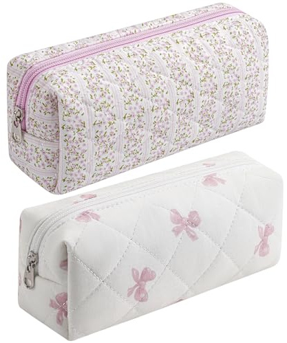 HHQQWZ Cute Floral Cotton Makeup Brush Cosmetic Bag for Women, Travel Quilted Zipper Make Up Bag, Flowers Toiletry Organizer Case Kawaii Makeup Cosmetic Travel Cloth Pouch (Pink+Pink Bow Tie)