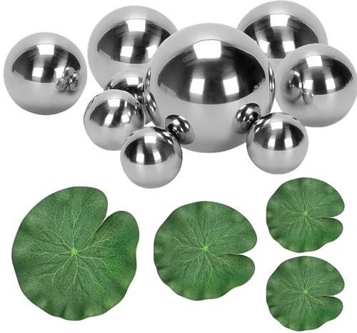 YUESIKJ 9 sfere decorative per laghetto, in acciaio inox, colore argento, con 4 foglie di loto, per laghetto, mini stagno, fontana decorativa in metallo, sfera da giardino