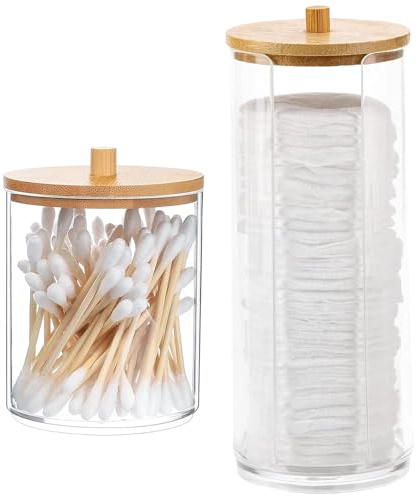 2 Pcs Cotton Pad Holder, Bamboo Lid Cotton Pad Dispenser and Cotton Bud Holder Set, Stylish Storage Solution for Bathroom Countertops and Vanities, Small Makeup Accessories Bathroom Dressing Table