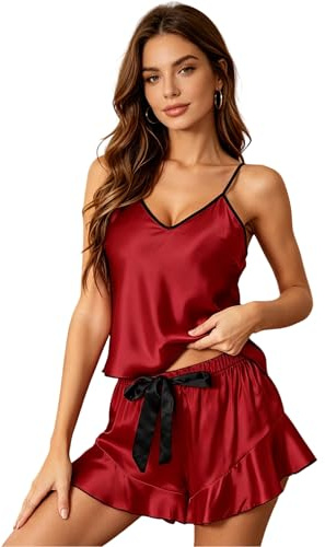 Satohom Conjunto de pijama de 2 piezas para mujer, conjunto de pijama de satén de seda sin mangas, camiseta sin mangas y pantalones cortos, ropa de descanso, tirantes delgados ajustables, camisola con