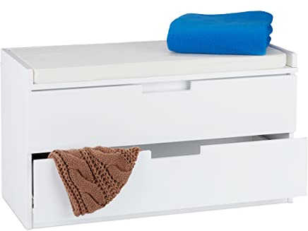 Relaxdays Sitzkommode, Garderobenbank mit 2 Schubladen, Landhausstil, Auflage zum Sitzen, HBT: 45 x 80 x 36 cm, weiß