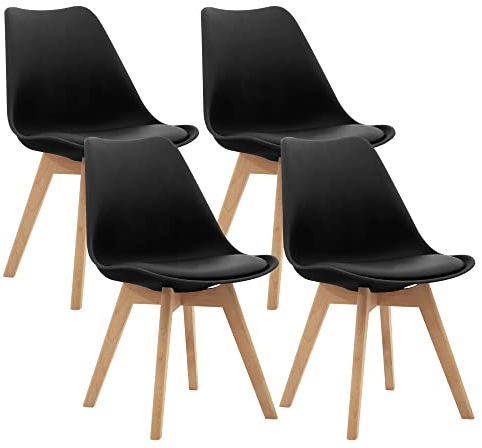 CangLong 4er Set Esszimmerstühle mit Beinen aus massivem Buchenholz, Mid Century Modern Retro Design Polsterstühle für Küche, Esszimmer & Wohnzimmer, Schwarz
