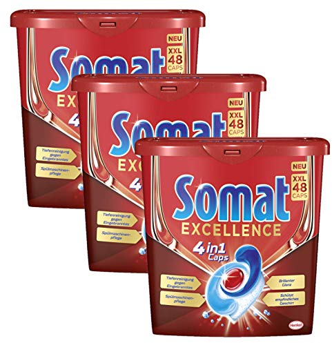 Somat Excellence 4in1 Caps, 144 (3 x 48) Caps, Spülmaschinen-Caps für exzellente Reinigung, brillanten Glanz und sorgfältige Pflege für Geschirr und Spülmaschine