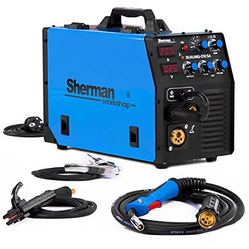 Sherman DUALMIG 210 S4-3en1 poste a souder MIG avec gaz et à fil fourré - MMA, TIG-LIFT et FLUX - 200A IGBT - Poste MIG avec 2T/4T et soudobrasage - avec torche MIG/MAG MB15 (3m)