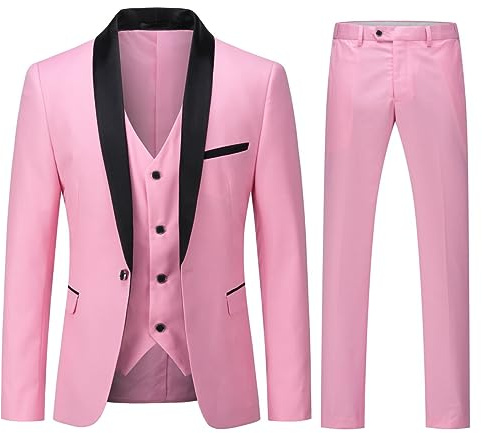 YOUTHUP Costume Homme 3 Pièces Un Bouton Coupe Ajustée Col Châle pour Mariage Dîner Smoking Veste Gilet Pantalons, Rose, XL