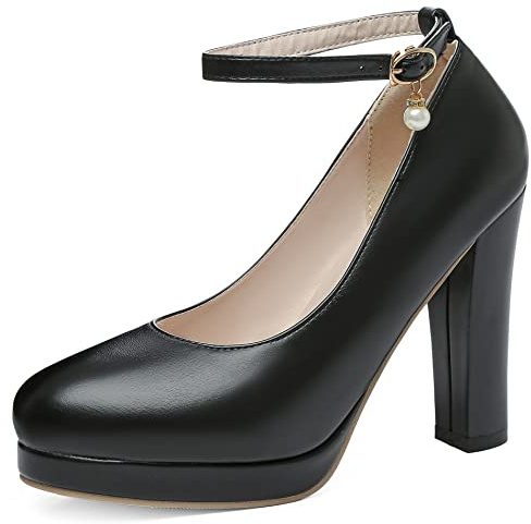 Décolleté con Tacco Largo da Donna, Pompe al Tallone Alto Punta Rotonda Fibbia Scarpe da Sera con Plateau con Cinturino alla Caviglia Semplici Bsmpra Nero Numero 35 EU