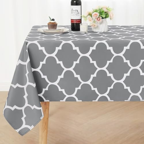 smiry Tischdecke Abwaschbar Rechteckig 130x160cm Tischtuch Polyester Wasserabweisend Lotuseffekt Marokkanisch Tischwäsche Schmutzabweisend Abwischbare Tafeldecke für Outdoor Party Küche,Grau
