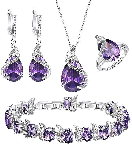 Ever Faith Women's Jewelry Set Purple Jewellery Sparkly Cubic Zirconia Birthstone Teardrop Necklace Earring Bracelet Ring Sets for Women Birthday Gifts 4 PCS Silver-Tone