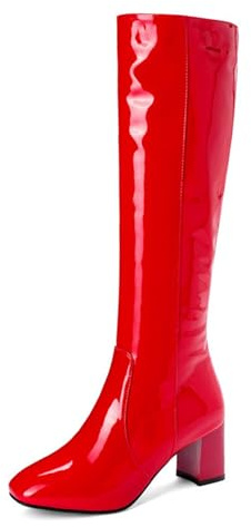 Botas Altas hasta la Rodilla con tacón Grueso para Mujer, Punta Cuadrada, Cremallera Lateral, de Piel sintética, Botines a Media Pantorrilla, Vestido de tacón Alto, Botas Medias,Rojo,40 EU