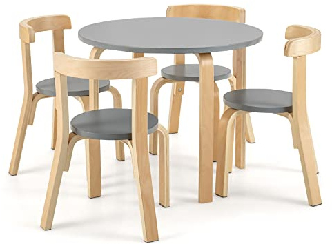 COSTWAY 5-Piece Kids Table and Chair Set, Children Wooden Activity Table with 4 Curved Back Chairs, Toddler Home Playroom Classroom Daycare Furniture for Playing, Drawing, Reading (Grey+Natural)