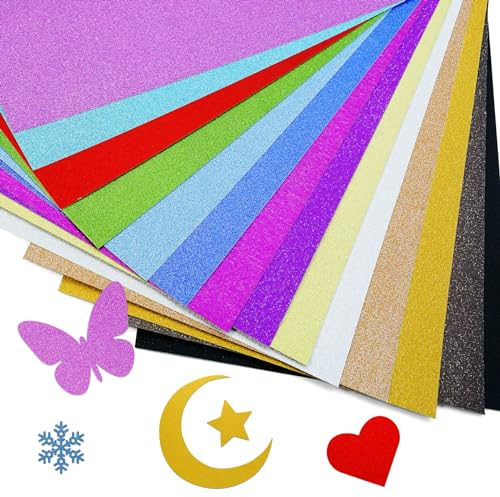 Okoss 28 Blatt Glitzerpapier zum Basteln, Bunt Glitzer Papier A4 29.7 x 21cm Bastelpapier Glitzer 250g/m² Glitterkarton zum Basteln und Gestalten für Kinder DIY Grußkarten Scrapbooking Craft 14 Farben