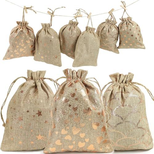 24 Fillable Advent Calendar Bags 2024 Empty Hessian Christmas Sacks, Reusable Gold Bag to Sew mit 1-24 Stickers, Hanging Cloth Drawstring Bags for DIY Present Chocolates Sweets and Toys, 6 x 8 inch