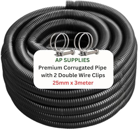 AP Supplies Corrugated Pond Hose 25mm x 3m with 2 Clips, Black