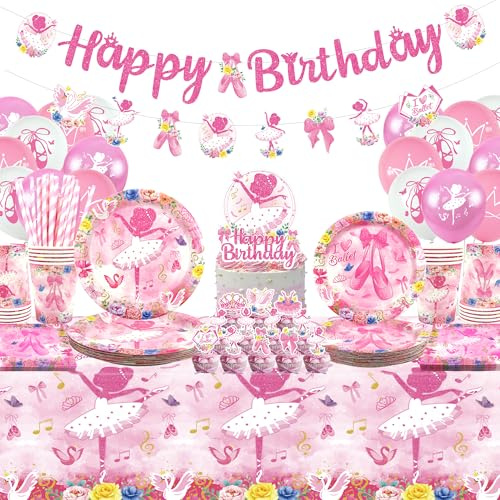 Ballerina Birthday Decoration - Ballet Party Tableware, Plates, Cups, Napkins, Tablecloth, Happy Birthday Banner, Balloons, Cake Toppers for Girls, Women, Dance Supplies
