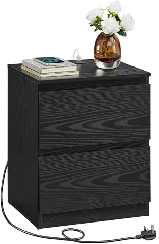 VASAGLE Nightstand with Charging Station, Bedside Table with Drawers, Side End Table, 2 AC OutLETs, 2 USB Ports, for Living Room, Bedroom, Study, Black KAILYN Collection LET621B01