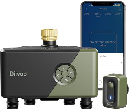 Diivoo Bewässerungscomputer 4 Ausgänge WLAN mit Messingeinlass, Smart Wasserzeitschaltuhr Garten kompatibel mit Alexa/Google Assistant, 24 Pläne, Regenverzögerung & Nebelmodus für Garten Rasen