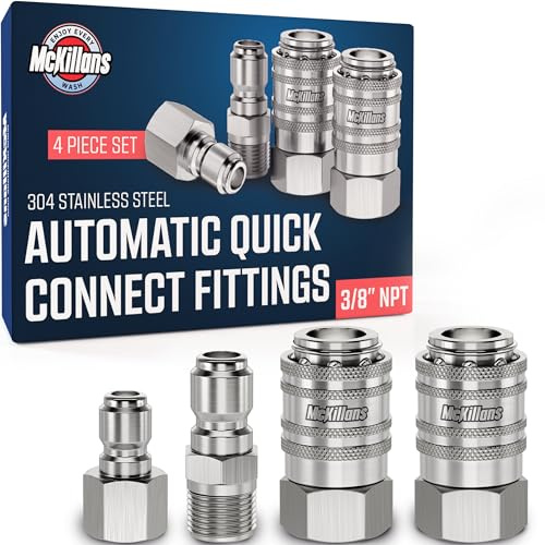 McKillans® 3/8 NPT Automatic Pressure Washer Quick Connect Kit of 4 - Stainless Steel - 3/8 Pressure Washer Quick Connect Fittings - Power Washer NPT 3/8 - PUSH-TO-CONNECT - Upgraded Viton O-Rings