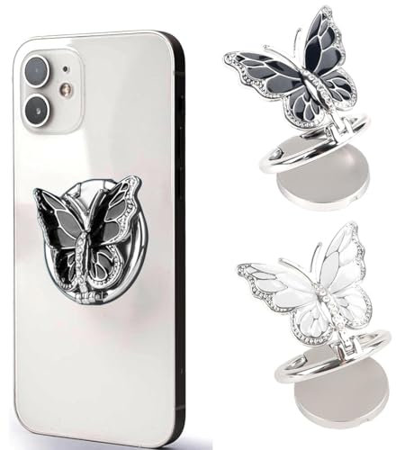 BDEPSTR 2 Piezas de Soporte para Anillo de teléfono Celular Butteryfly Soporte, 360 Grados Anillo Movil Dedo Agarre Kickstand Compatible para Teléfonos Móviles y Tabletas-Oscuro,Blanco