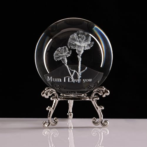 Sahoottie 60mm 3D Mother's Day Crystal Ball Paperweight Gifts for Mom Mothers ILove Mum Gifts for Mam Mum Presents Engraved Glass Ball Ornament