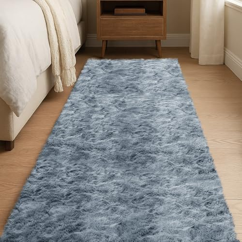 JOYARR Hochflor Läufer Teppich, Flauschig Waschbar Anti-Rutsch Teppiche für Schlafzimmer Bettvorleger Flur Wohnzimmer, 60x180 cm, Grau
