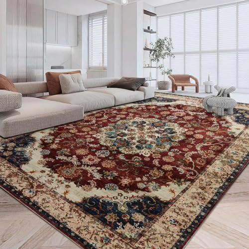 Imperial Rooms Gold Red Rugs Living Room Extra Large 240 x 340 Short Pile Area Rugs for Bedroom Machine Washable Non Slip Carpet for Kids Room Soft Vintage Design Boho Rug, Whisper