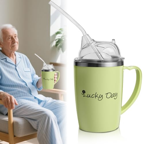 Afenau Adult Sippy Cup, 350 ml Adult 3 in 1 Sippy Cup with Lid and Straw, Stainless Steel Drinking Cups for Elderly, Spill Proof Adults Drinking Cup for Elderly, Disabled People, Patients (Green)