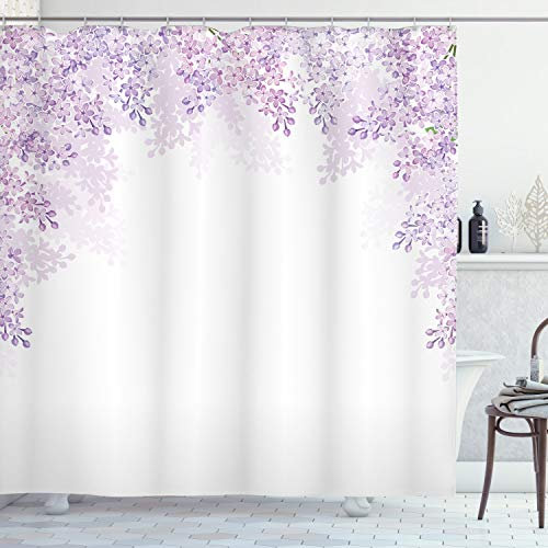 ABAKUHAUS Flower Shower Curtain, Framing Lilac Flowers in Blossom Vernal Season Soothing Color Shades, Cloth Fabric Bathroom Decor Set with Hooks, 175 x 220 cm, Pale Mauve Lavender