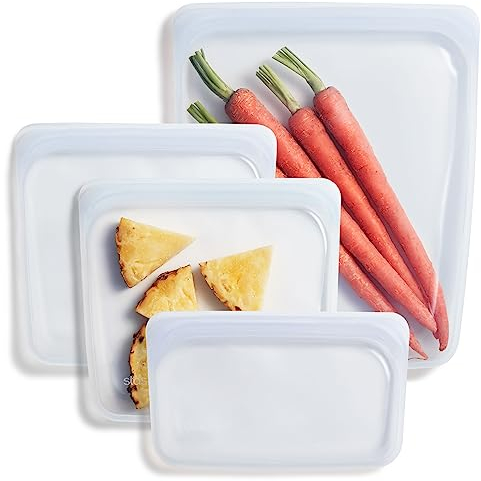 Stasher Premium Silicone Réutilisables Sac Transparent, Set de 4, Stockage Alimentaire, Sac à Snacks, Durable, Résistant au Four, Lave-Vaisselle & Congélateur, Écologique, Sans-Fuite, Sans-BPA