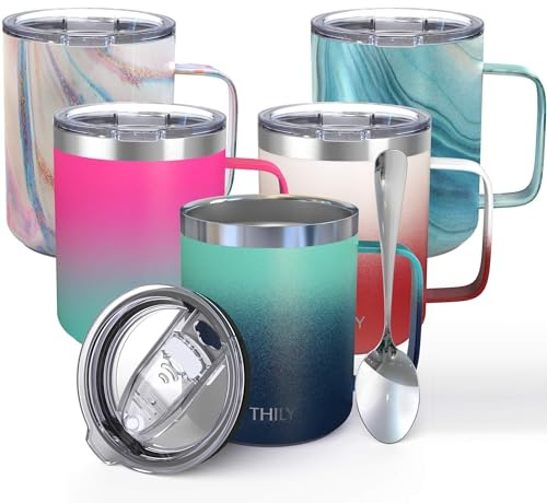 THILY Thermobecher aus Edelstahl, vakuumisoliert, mit Griff, auslaufsicherer Deckel, hält Kaffee kalt oder heiß, Ombré: Grün und Marineblau