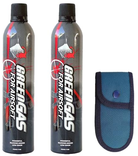 Tiendas LGP. Pack 2 Botellas Green Gas Puff Dino 600 ml para Pistolas de Airsoft Que Funcionan por Gas + Funda Portabalines