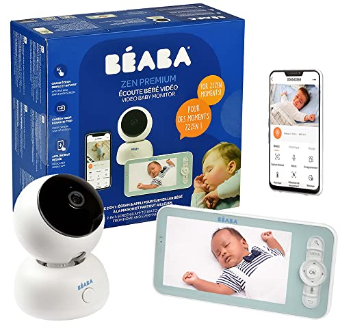 BÉABA, Babyphone Video 2 in 1, Display und spezielle Handy-App, HD-Kamera, 360° drehbar, Nachtsicht, Walkie Talkie, Schlaflieder, Temperatur- und Feuchtigkeitskontrolle, Zen Premium