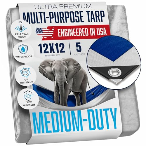12x12 Tarp Waterproof Plastic Tarp with Grommets Every 18 Inches - 5 Mil - Multipurpose Water Proof Rain Cover, Outdoor, Garden, Camping, Emergency Survival (Reversible Tarpaulin, Blue and Silver)