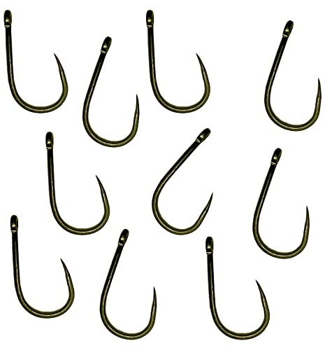 Carp On - Packs of 10 Size 8 WIDE GAPE Fishing Hooks Eyed - Made From Teflon Coated Carbon Steel (Barbless - Camo Green, Pack of 10 - Size 8) [14-8108]