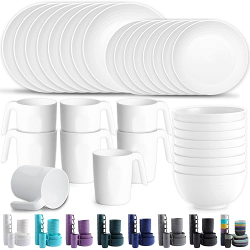 Kyraton Plastic Dinnerware Sets of 32 Pieces Service for 8, Unbreakable and Reusable Light Weight Plates Mugs Bowls Dishes Easy to Carry and Clean Microwave Safe BPA Free Dishwasher Safe