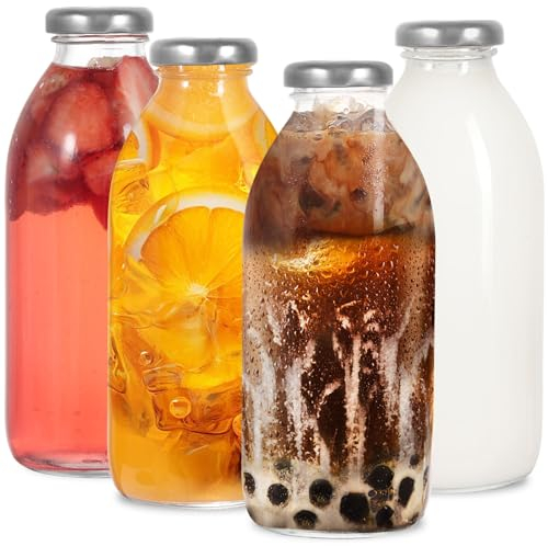 LIMILI 4PCS 500ml/16Oz Glass Milk Bottles with Lids, Clear Reusable Bottle for Dairy, Drinks, Home Preserve (SILVER)