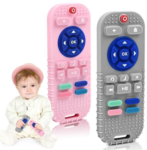AiTuiTui Mordedor Bebe Refrigerante para 0-6-12 meses, 2 Piezas Silicona Mordedor Mando a Distancia Juguetes de Baño para 3-6-9 Meses Niño Niña, Suave Juguete la Dentición del Bebé, Gris Oscuro y Rosa