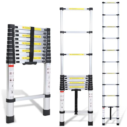 Yakimz Escalera telescópica de aluminio, 3,2 m, portátil, extensible, telescópica, escalera multiuso antideslizante, capacidad de carga de 150 kg, para jardín, interiores y exteriores