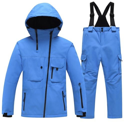 L SERVER Skianzug Jungen mit Kapuze Winddicht und Wasserdichter Schneeanzug Mädchen Skianzug Zweiteilig Kinder Warme Skijacke + Skihose, Königsblau + Königsblau, 116