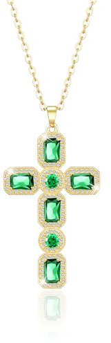 Linawe Kreuzkette Kreuz Kette Gold Halskette Damen Goldkette, Smaragd Grün Diamant Geburtsstein Kristall Kettenanhänger Gold, Vergoldete Kette mit Kreuz Goldschmuck Jewelry